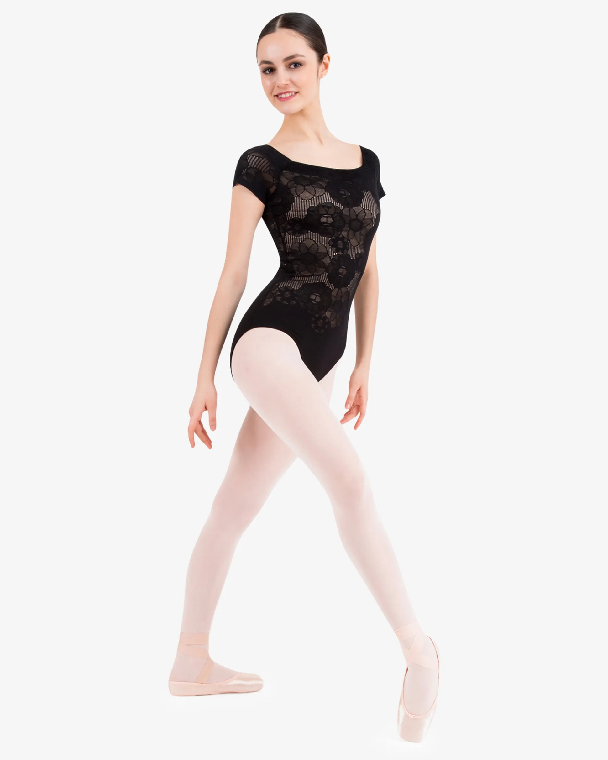 Justaucorps manches courtes en dentelle rosace